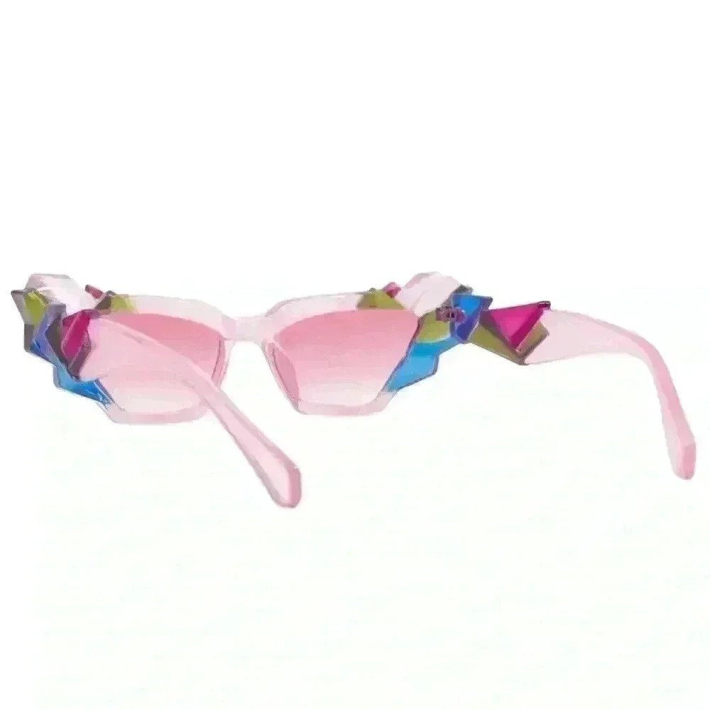 Artsy Retro 50s Exaggerated Cat Eyes Pink Sunglasses with Crystal Gem Cuts - Picture 5 of 9